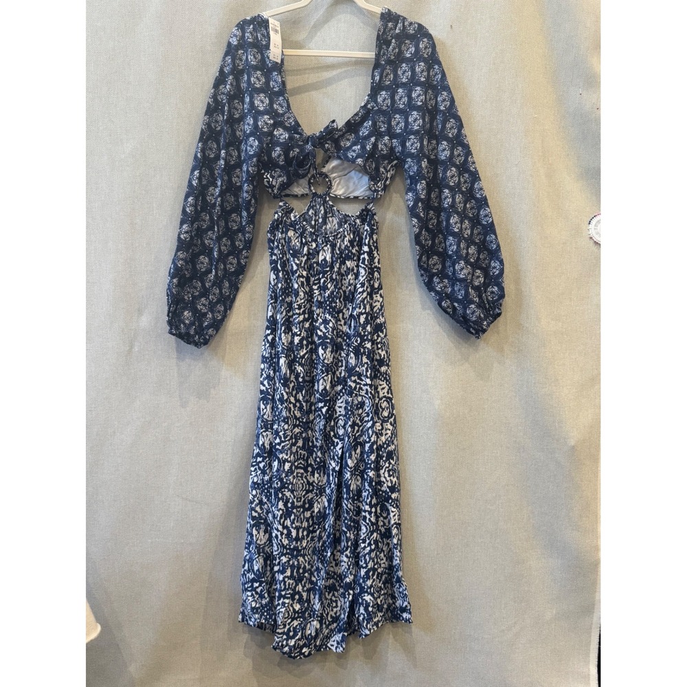 Abercrombie & Fitch Blue White Medallion Cutout O-Ring Maxi Dress XS New - Picture 3 of 5